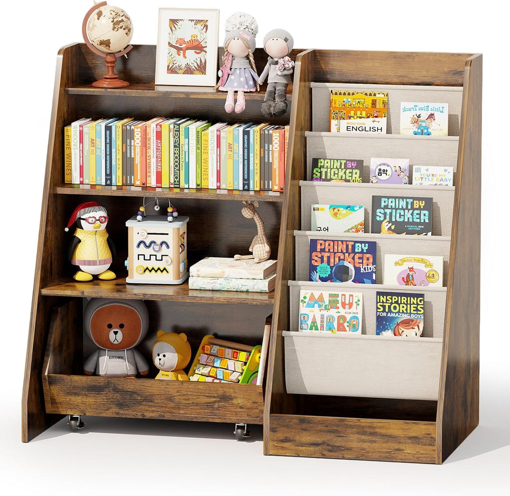 Kids Bookshelf and Toy Storage, 4 Tier Toddler Bookshelf with Movable Drawer (Brown)