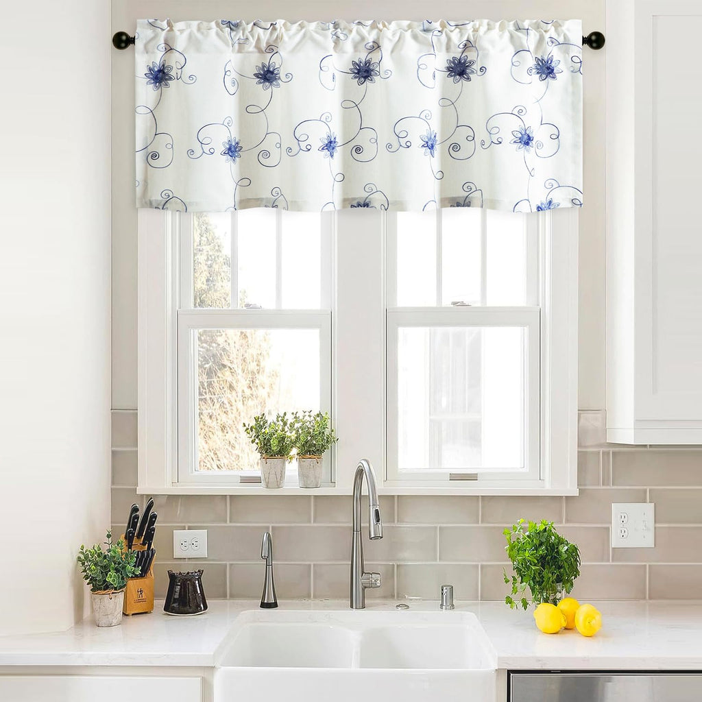 Blue Floral Vine Embroidered Window Valance, 60 x 18, 1 Panel
