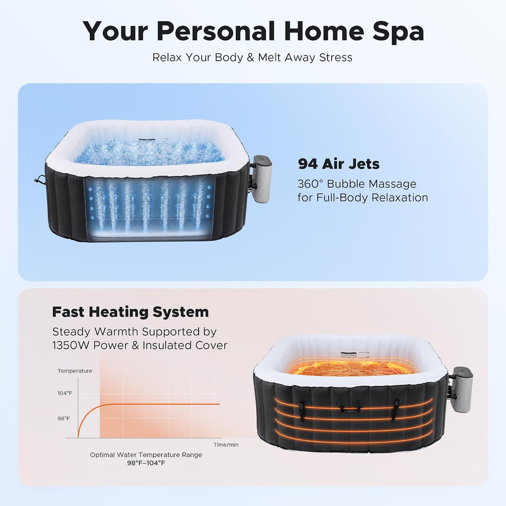 6ft Inflatable Hot Tub, 4-Person Outdoor Spa with 94 Air Jets & Heater | Square 40 °C Powerful Heating & Soothing