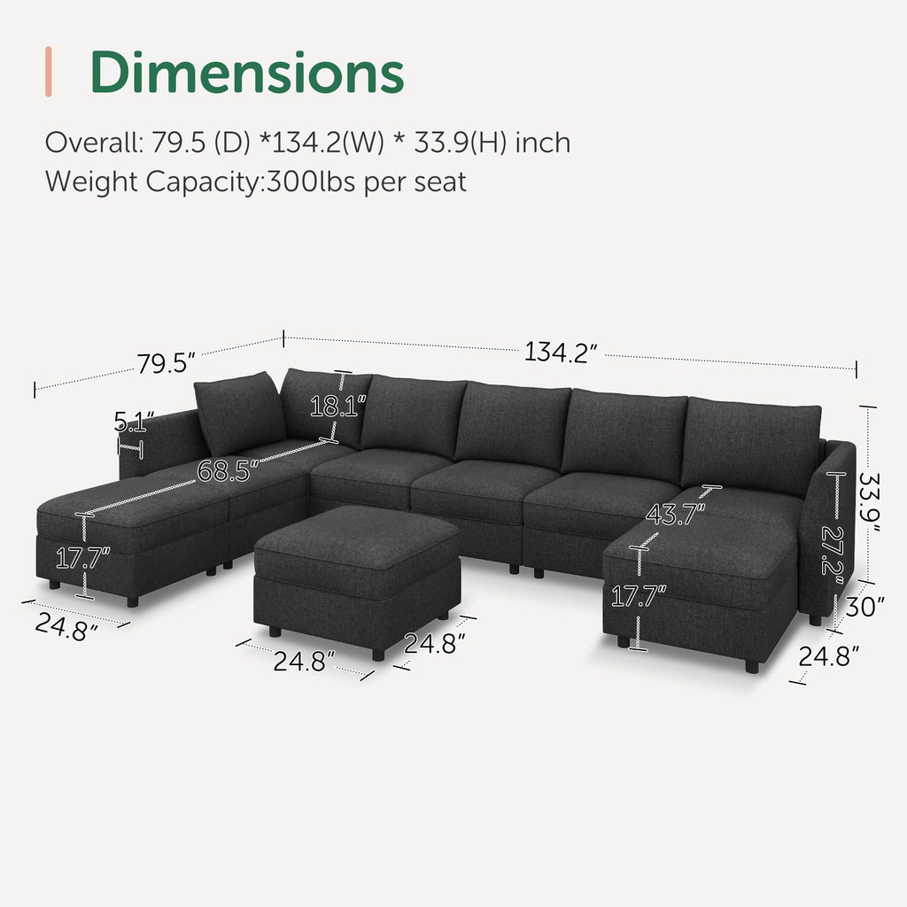 Modular Sectional Sofa with Storage, U Shaped Couch Modular Convertible Sectional Couches - Linen Grey