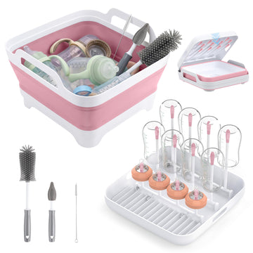 Collapsible Baby Bottle Wash Basin w/Drying Rack & Drain Plug, Pink