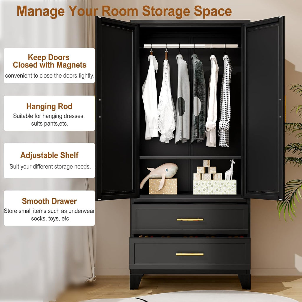 Metal Armoire Wardrobe Closet Storage Cabinet with 2 Doors Black, 71'' Wardrobe with Hanging Rod Metal Closet with