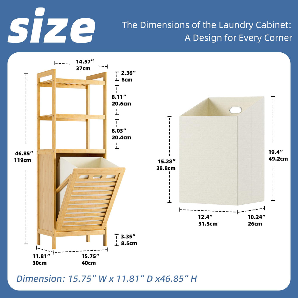 Tilt Out Laundry Hamper, Bamboo Laundry Basket with Foldable Bag and 3 Open Shelves, Freestanding Clothes Storage