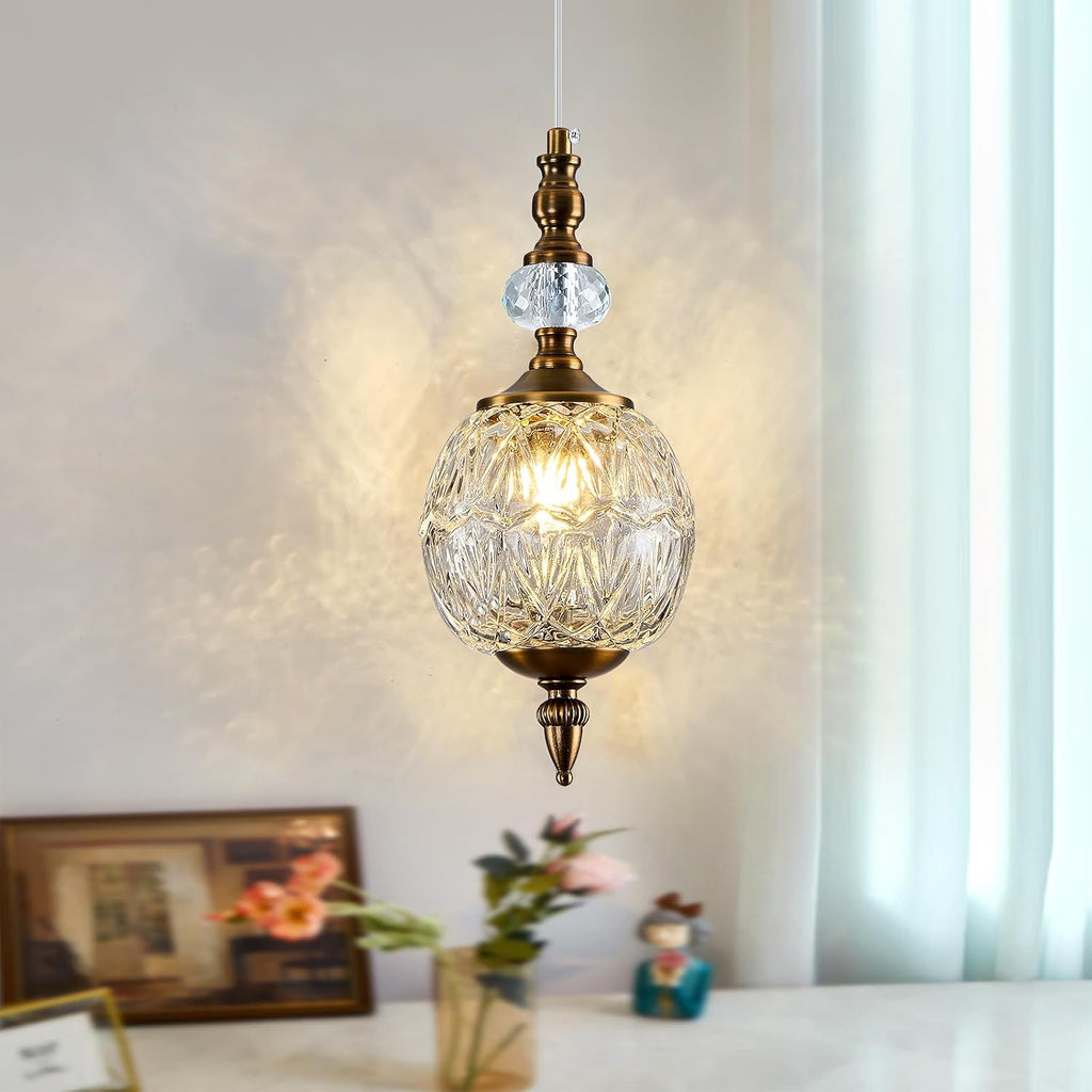 Vintage Glass Pendant Light Antique Brushed Gold Chandelier 4.72" Mini Adjustable Hanging Ceiling Light Fixture for Kitchen Island Farmhouse Dining Room Bedroom Foyer Entryway