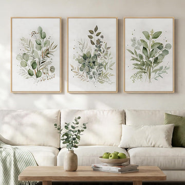 Framed Botanical Wall Art , 3 Piece Neutral Sage Green Eucalyptus Leaf Canvas Prints, Modern Minimalist Watercolor