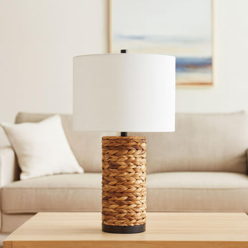 Pillar Accent Table Lamp with Woven Seagrass Pattern - Metal Decorative Lamp with White Drum-Shaped Shade - Coastal &