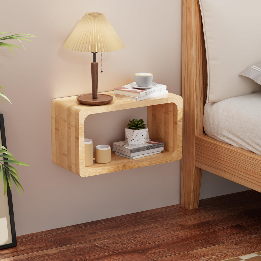 Bamboo Floating Nightstand with Storage Drawer and Modern Open Shelf Cubby, Bedroom, Living Room, Kitchen, Tool Room
