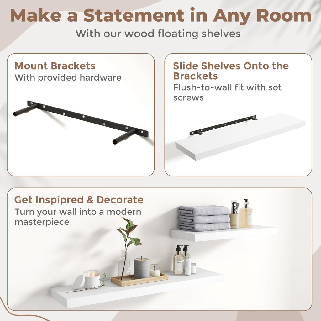 40 Inch Floating Shelves, 9"Deep Wall Shelf, 60 Lbs Capacity, White, 2pcs