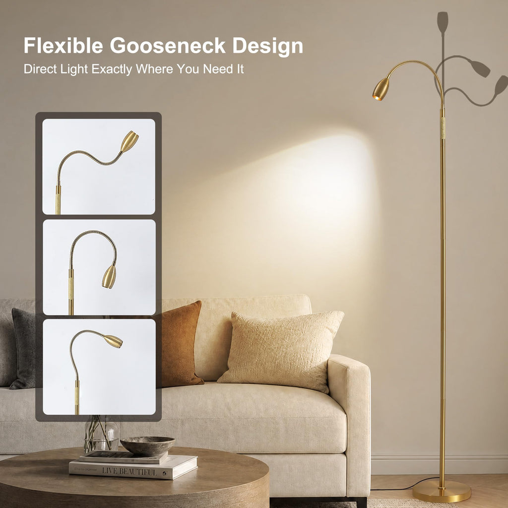 72" Reading Floor Lamp, Gooseneck LED Lamp with Zoomable Spotlight, Gold