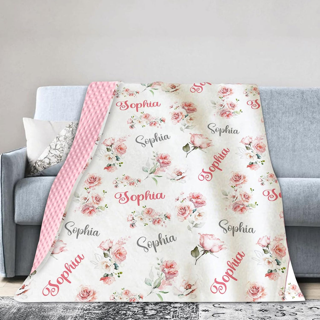Personalized Baby Blankets with Name - Custom Pink Floral Pattern Baby Girl Blanket - Soft Minky Dot Blanket