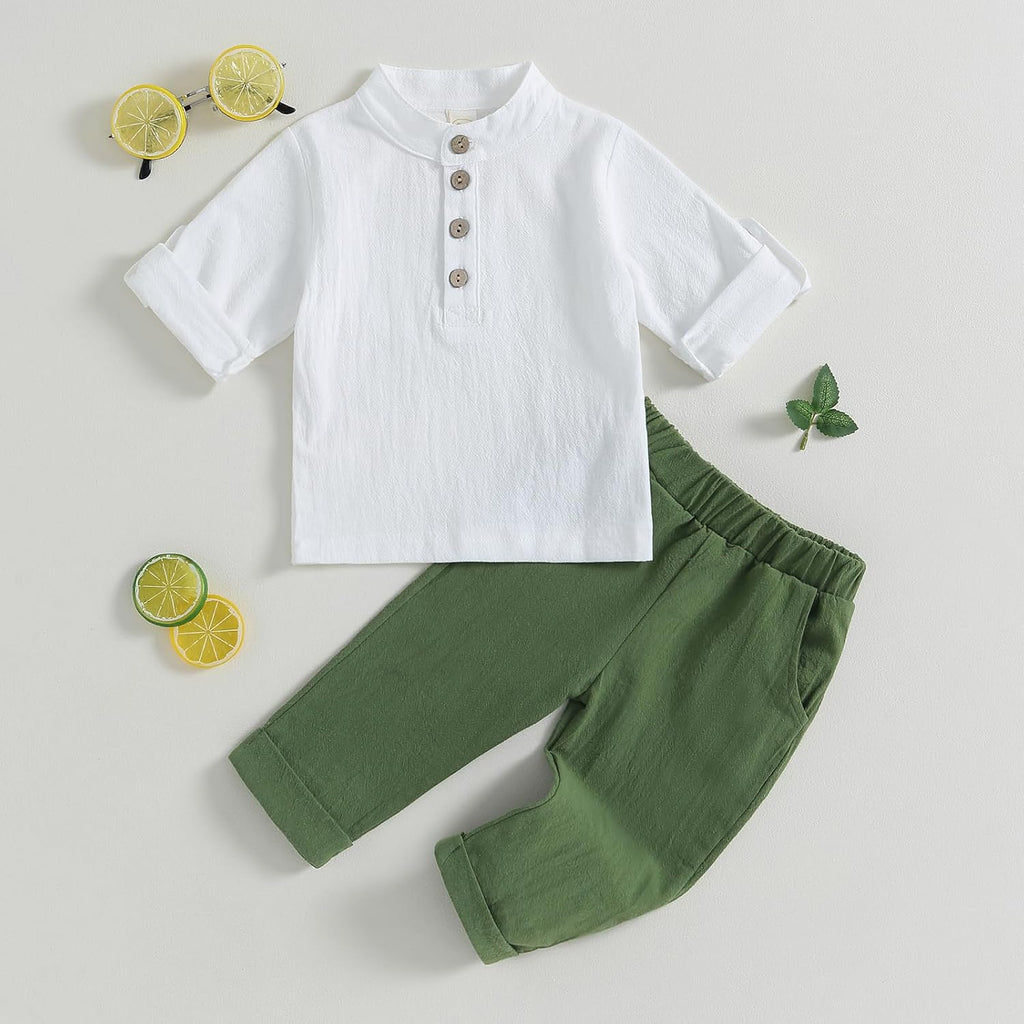 Toddler Baby Boy Clothes Cotton Linen Henley Shirts Button Down Long Sleeve Shirts Casual Pants Set