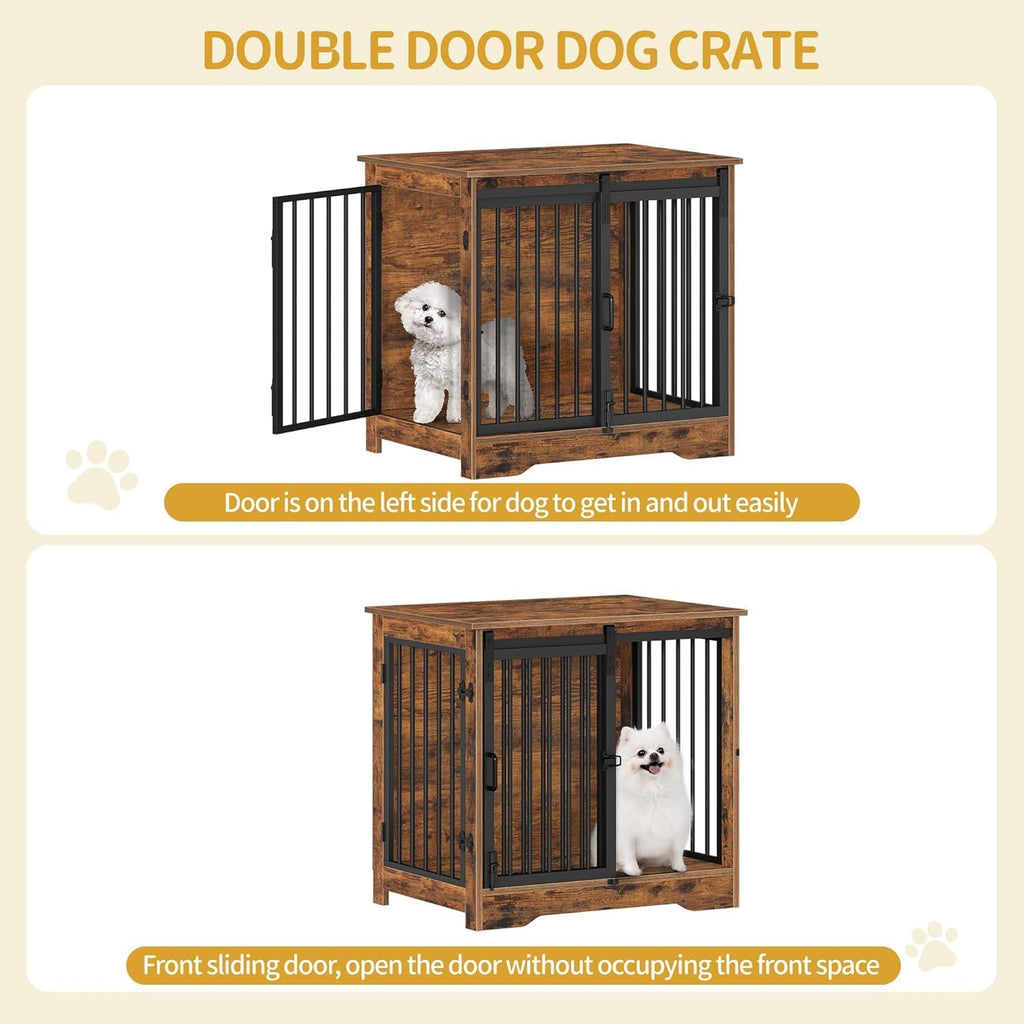 27.2" Dog Crate Furniture with Barn Door, Heavy Duty Dog Kennel Indoor with 2 Doors