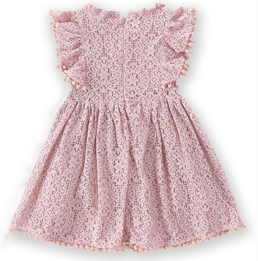 Baby Girl Tutu Dress Elegant Lace Pom Pom Flutter Sleeve with Flower Headband Set