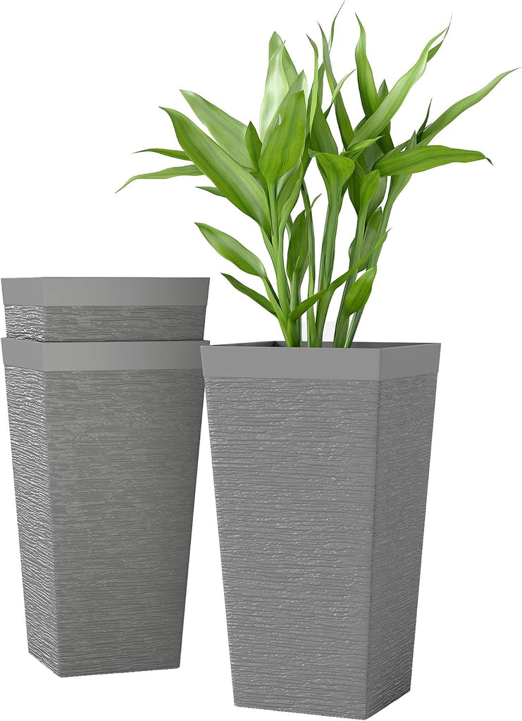 22.8 Inch Tall Planters for Outdoor Plants Set of 3, Gray | Wheels, Flower Pots, Stone Finish, Stackable Tapered