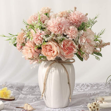 Peonies Artificial Flowers in Vase, Fake Hydrangea Silk Peony Flower Bouquet with Vase Faux Flowers Arrangement Decor - Set of 3