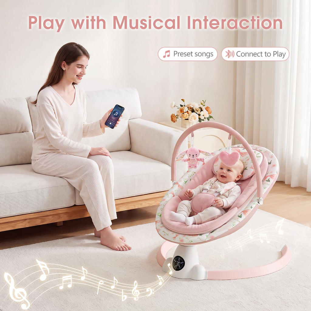 Baby Swing for Infants with 5 Swing Speeds, Portable Electric Baby Swing with Bluetooth, Touch Panel, 5-Point