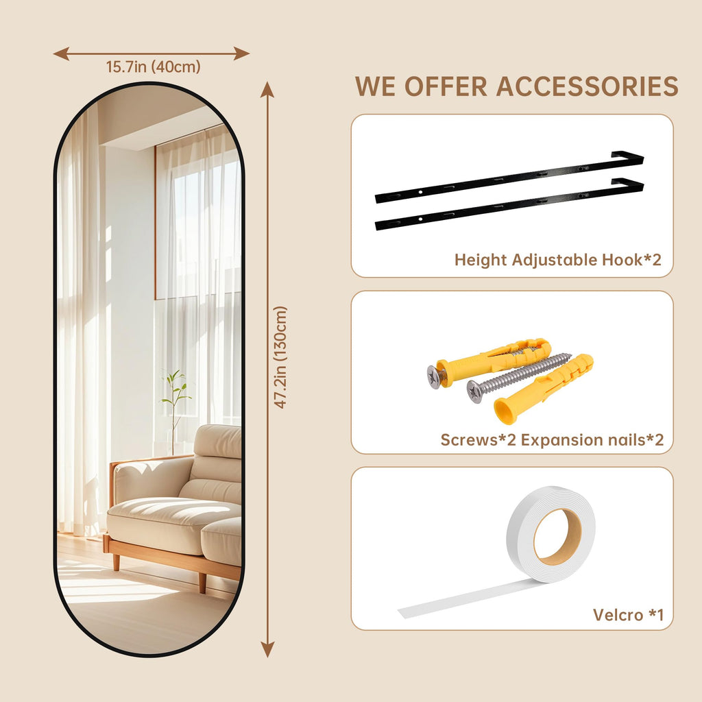 47 x 16 in Arched Over-The-Door Full-Length Mirror, Tempered Glass, Aluminum Frame - Black