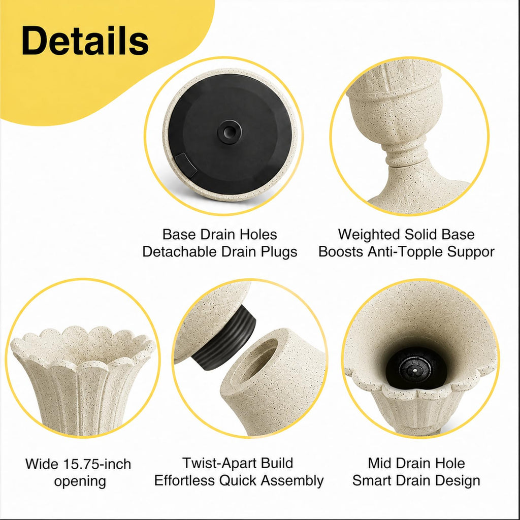 24" Tall Urn Planters for Outdoor Plants Set of 2 - Beige Petal