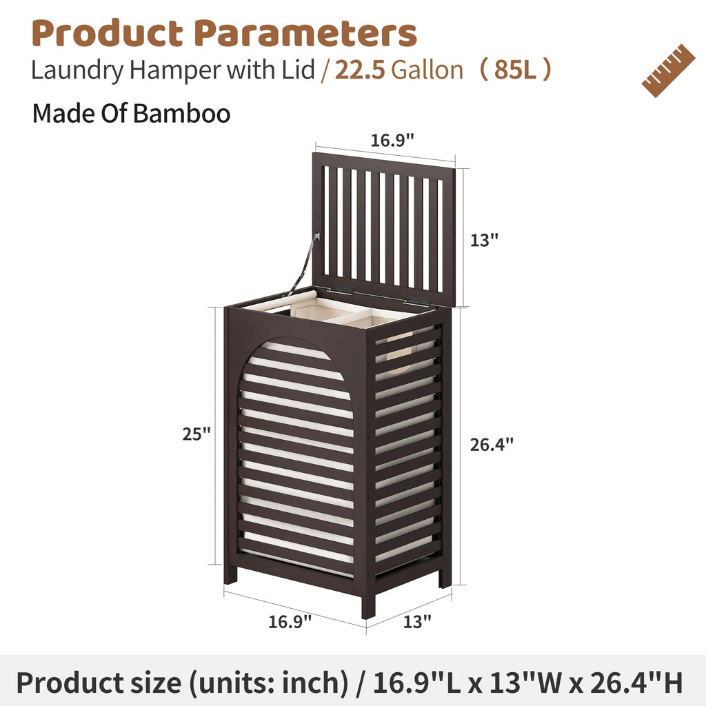 Laundry Hamper with Lid (16.9 * 13 * 26.5inches) Large Bamboo Laundry Bin Basket 85L Clothes Hamper with 1 Removable