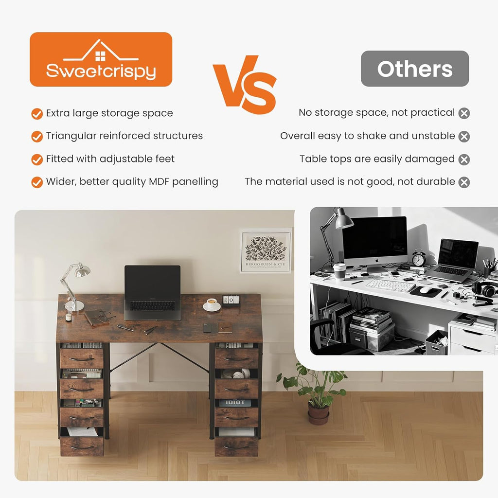 Desk with 8 Fabric Storage Drawers, Computer Office 47 Inch Gaming Writing Study Table with X-Shaped Reinforced