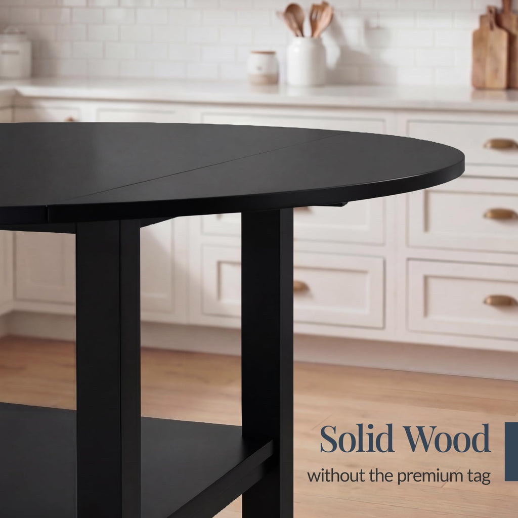 42" Round Drop Leaf Dining Table for 4, Solid Wood Expandable Small Dining Table W/Storage Shelf, Space Saving
