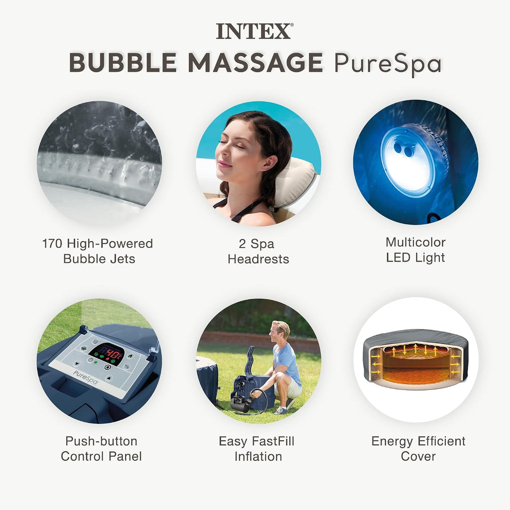 PureSpa 6 Person Inflatable Hot Tub with Energy-Efficient Spa Cover | 28431EH Bubble Massage: Saltwater System