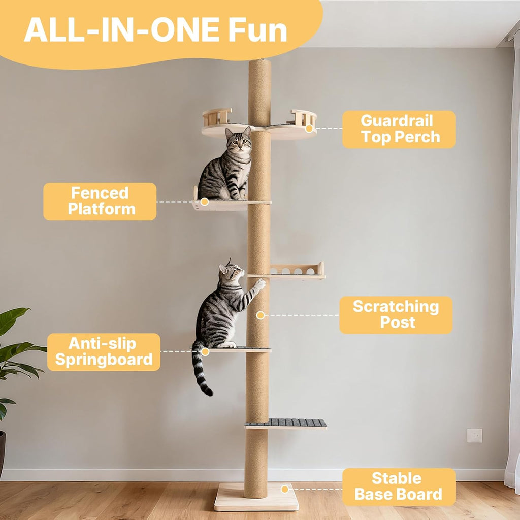 Floor to Ceiling Cat Tree, 61-110" Adjustable Tall Tension Cat Tower