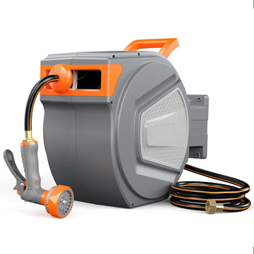 Retractable Garden Hose Reel, 1/2 in X 65 ft Water Hose with Nozzle | Automatic Heavy Duty Wall Mounted, 9 Pattern
