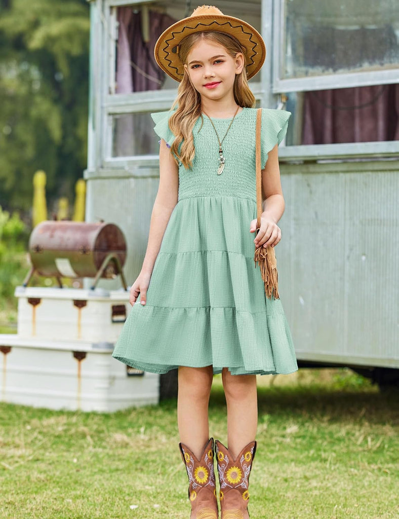 Girls Flutter Sleeve Smocked Tiered Midi Sundress with Pockets