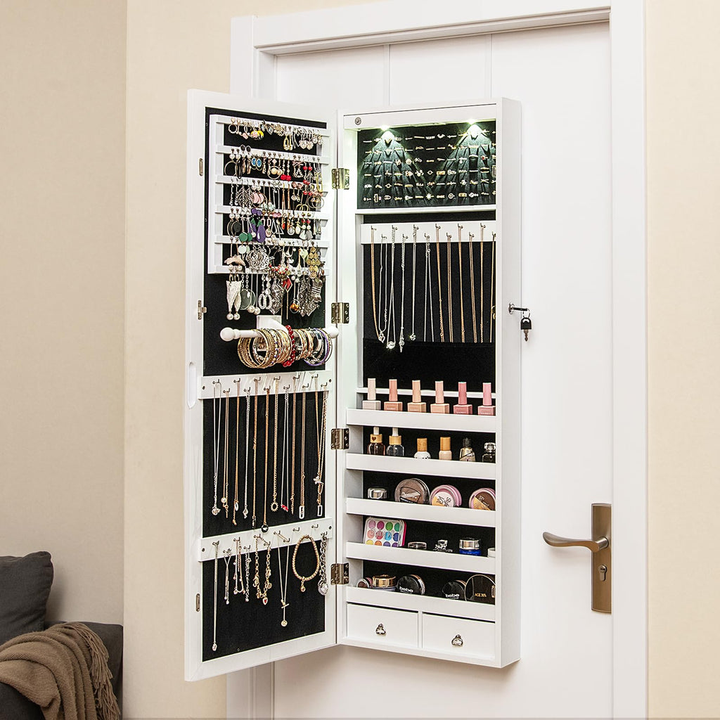 Mirror Jewelry Cabinet, Wall Door Mounted Jewelry Armoire with Full Length Mirror, Internal LED Lights & Drawers
