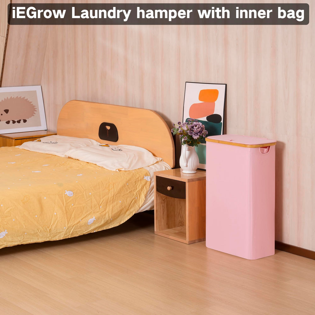 75L Slim Laundry Hamper, Narrow Laundry Basket with Lid,Foldable Clothes Hamper with Bamboo Handles,Hamper Basket