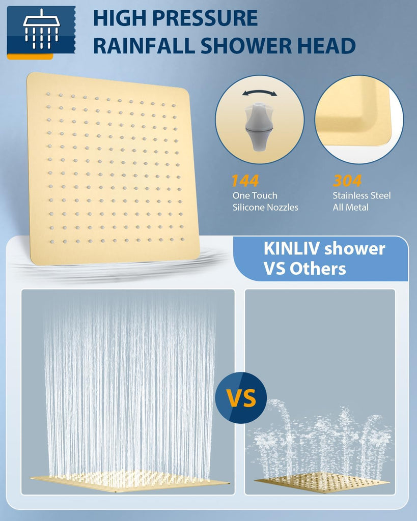 12 Inch Brushed Gold Rain Shower Head with Extension Arm, Rainfall Square Showerhead with 16 Inch Shower Arm All