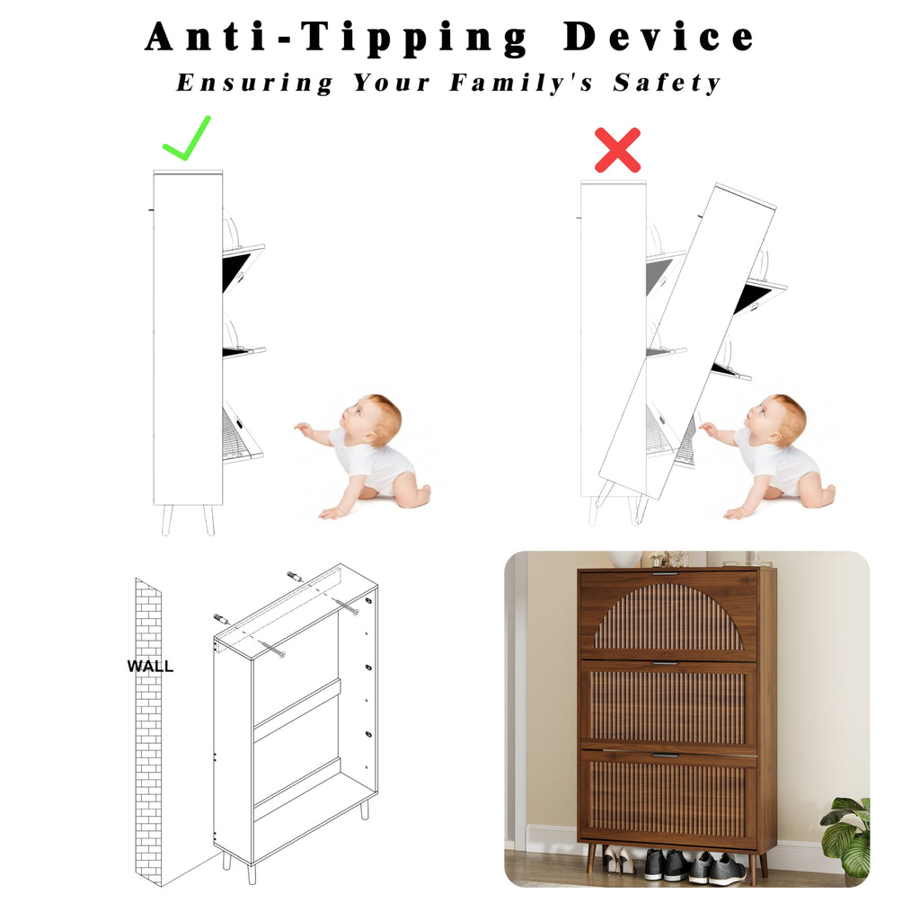 Fluted Shoe Cabinet with 3 Flip Drawers, Narrow Wood Shoe Storage Cabinet Slim Shoe Rack, Freestanding Shoe Cabinet