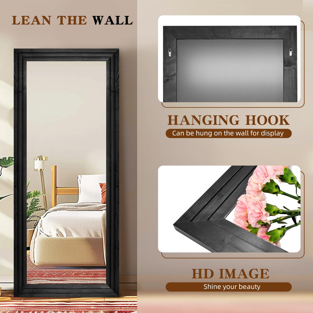 71x30in Full Length Mirror, 3-Tier Stepped Solid Wood Frame, Black