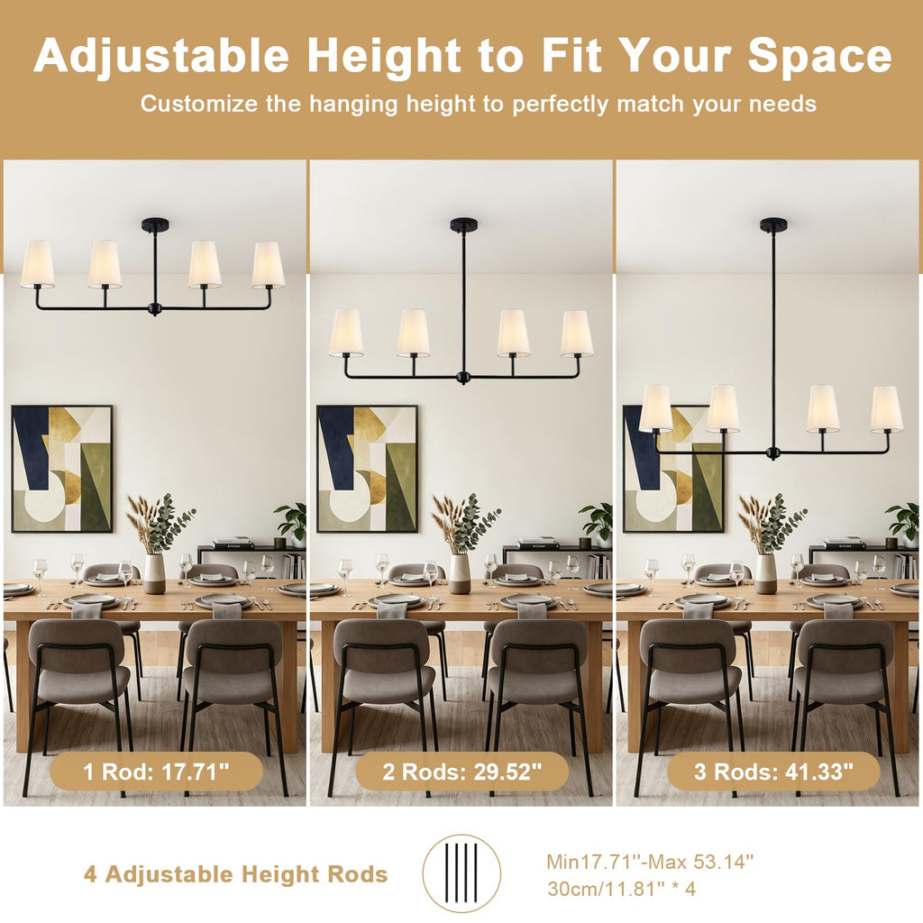 47.6" Large Linear Pendant Light, 4-Light Kitchen Island Lighting with White Linen Shades, Modern Matte Black