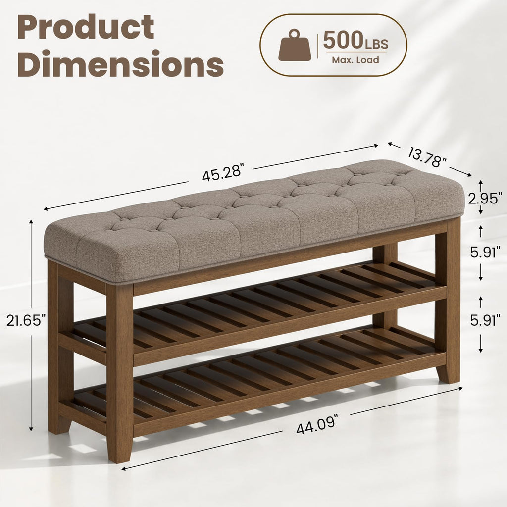 2-Tier Shoe Storage Bench, Solid Wood Entryway Bench, 45.3" Taupe