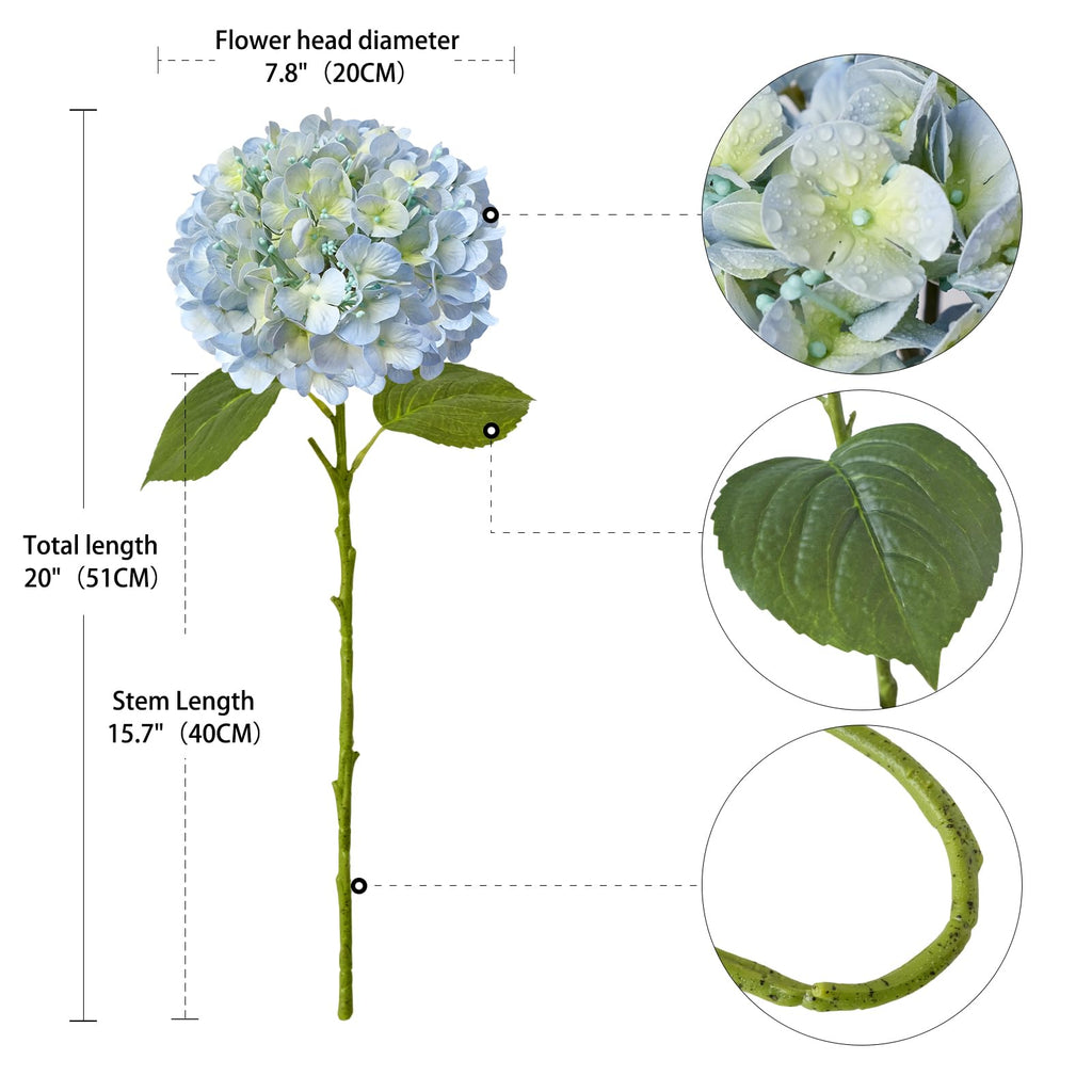 20" 4PCS Artificial Light Blue Large Faux Latex Real Touch Fake Hydrangeas Silk Bouquet with Leaves Stems for Family