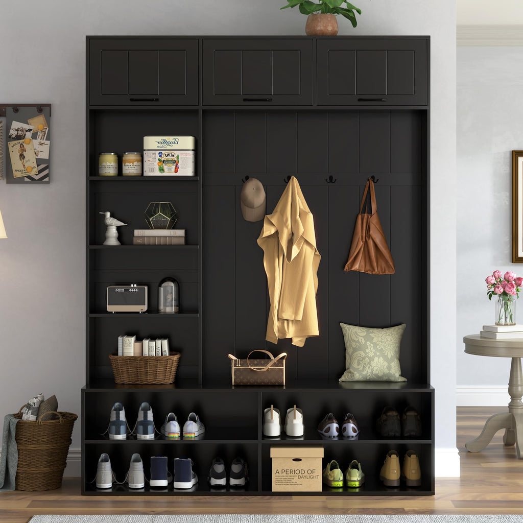 59" W Farmhouse Black Hall Tree with Bench and Shoe Storage, Entryway Bench with Coat Rack and Hooks, Modern Entryway