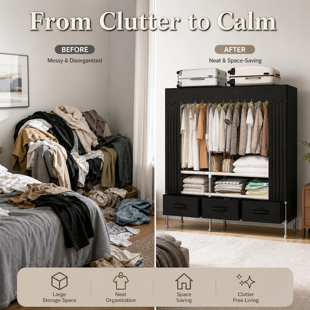 Portable Closet with Drawers 55" Wardrobe Closet Black
