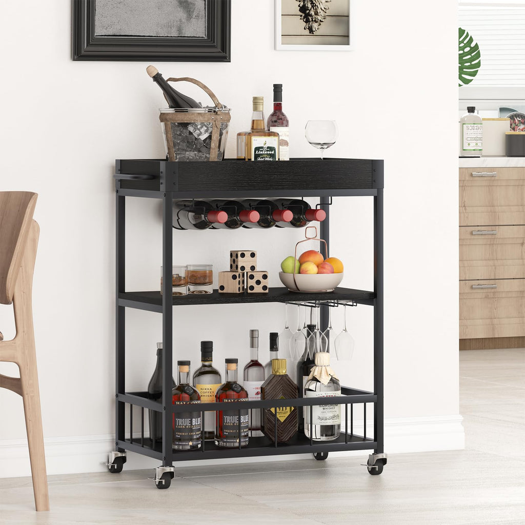 Bar Cart Serving Wine 3 Tier Home Rolling Rack with Wheels Mobile Kitchen Industrial Vintage Style Wood Metal Serving
