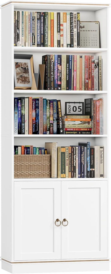 71" Tall Book Shelf and Bookcase with Doors, 6 Tier Wooden Bookshelf with Storage Cabinet