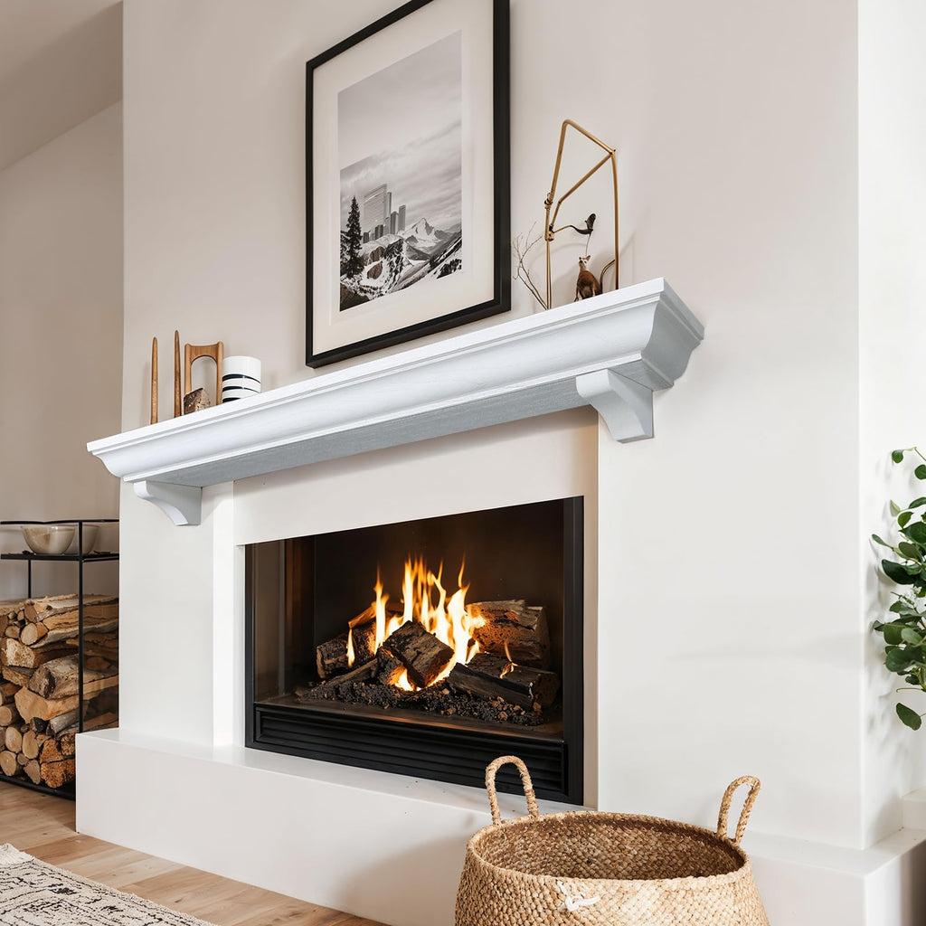 54 Inch Fireplace Mantel Shelf with Corbels, Rustic Floating Shelf, White