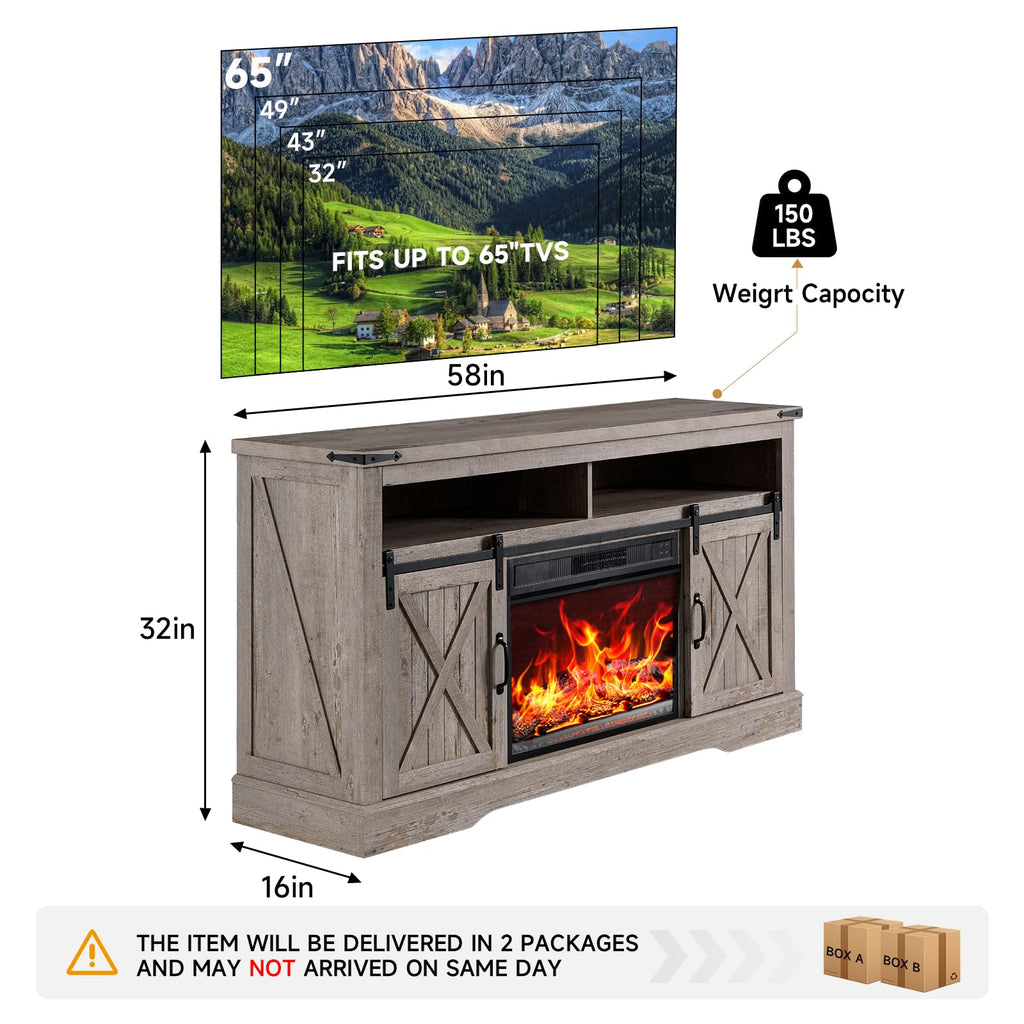 58" Fireplace TV Stand for TV up to 65 Inch with Farmhouse Sliding Barn Doors, Highboy Entertainment Center with