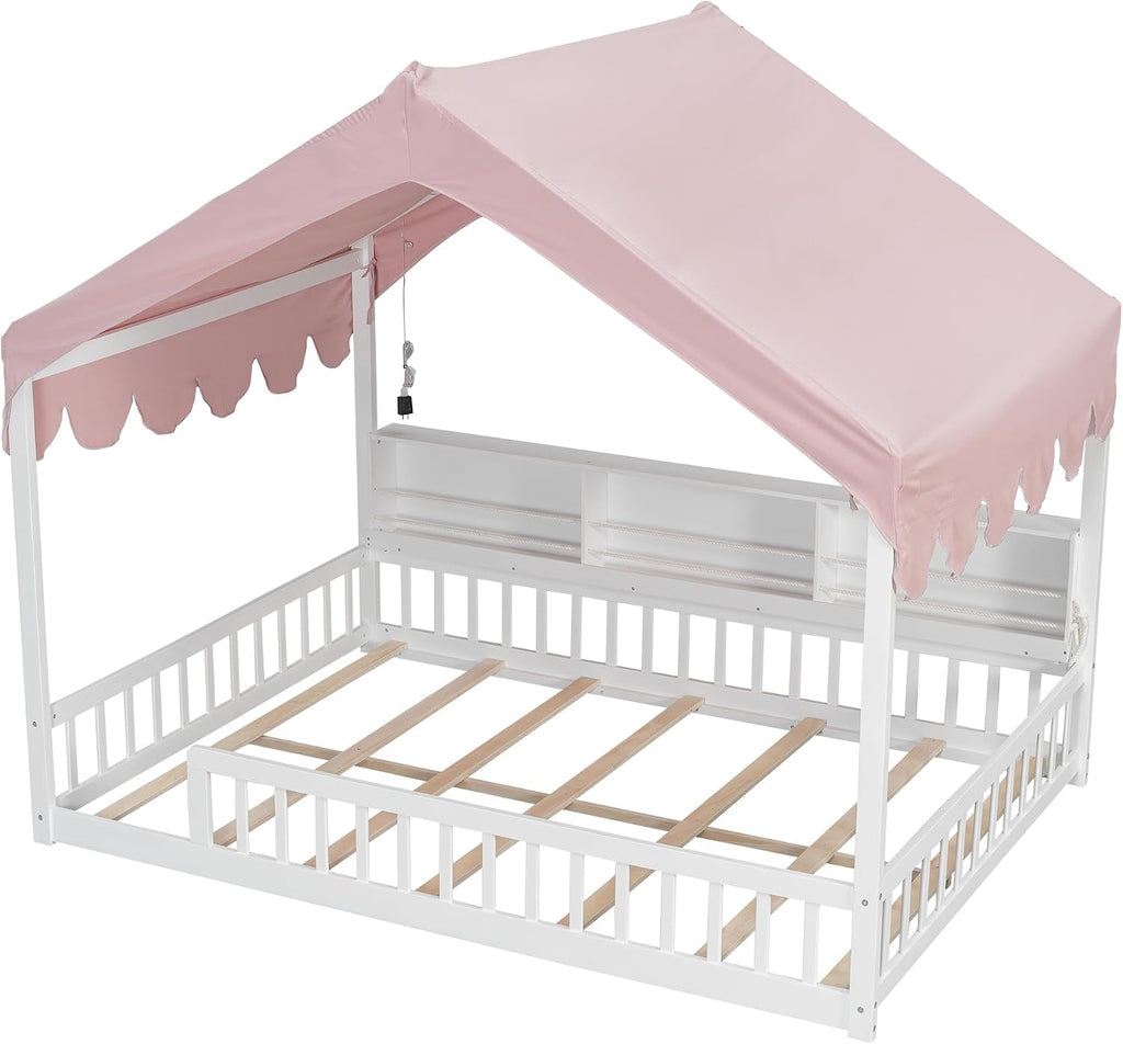Montessori Floor Bed for Kids Toddler, House Shaped Kids Bed Frame with Safety Guardrail, Curtain &