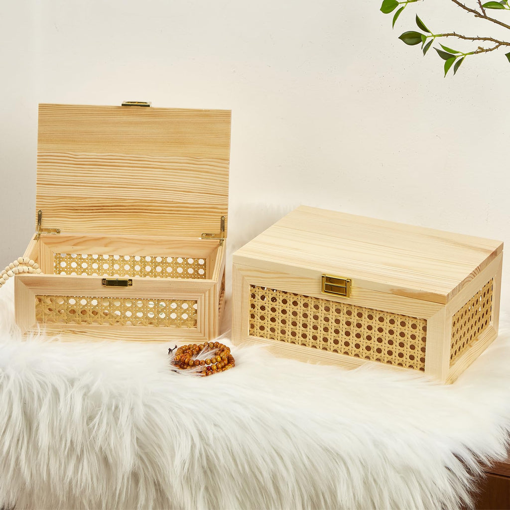 2PCS Decorative Rattan Storage Box Basket with Lid Wooden Frame