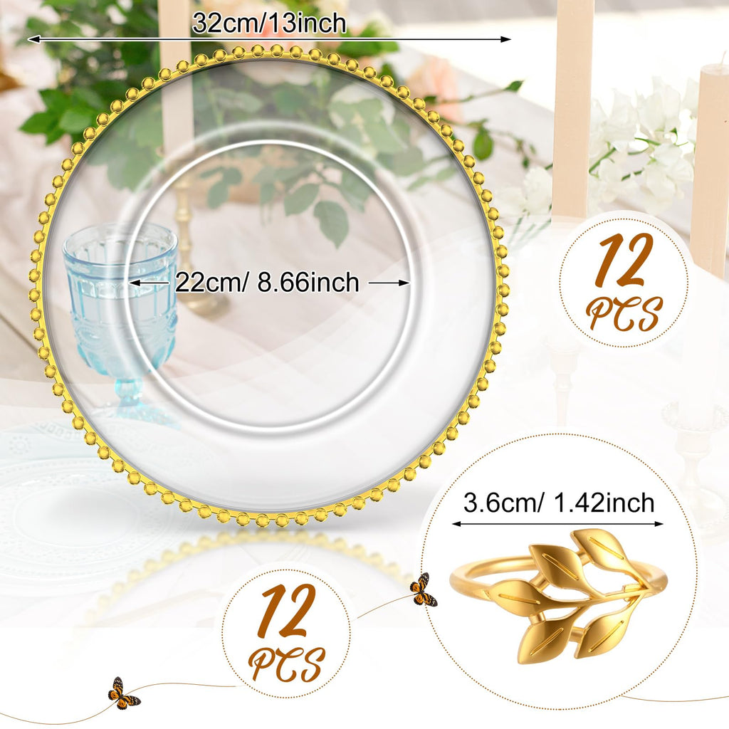 12 Set Acrylic Charger Plates 13" Beaded, Clear and Gold