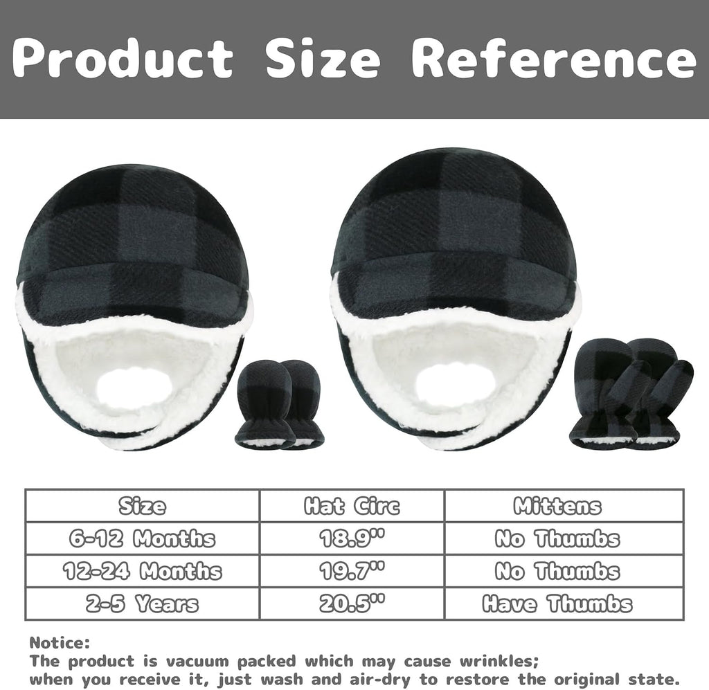 Toddler Winter Hat and Mittens Set Baby Winter Hat with Earflaps Toddler Warm Hats Sherpa Lined Baby Beanies Kids Cap