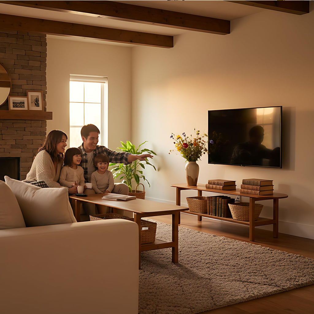 Walnut TV Stand for 65-Inch TVs, 2 Open Shelves, Rattan Media Console