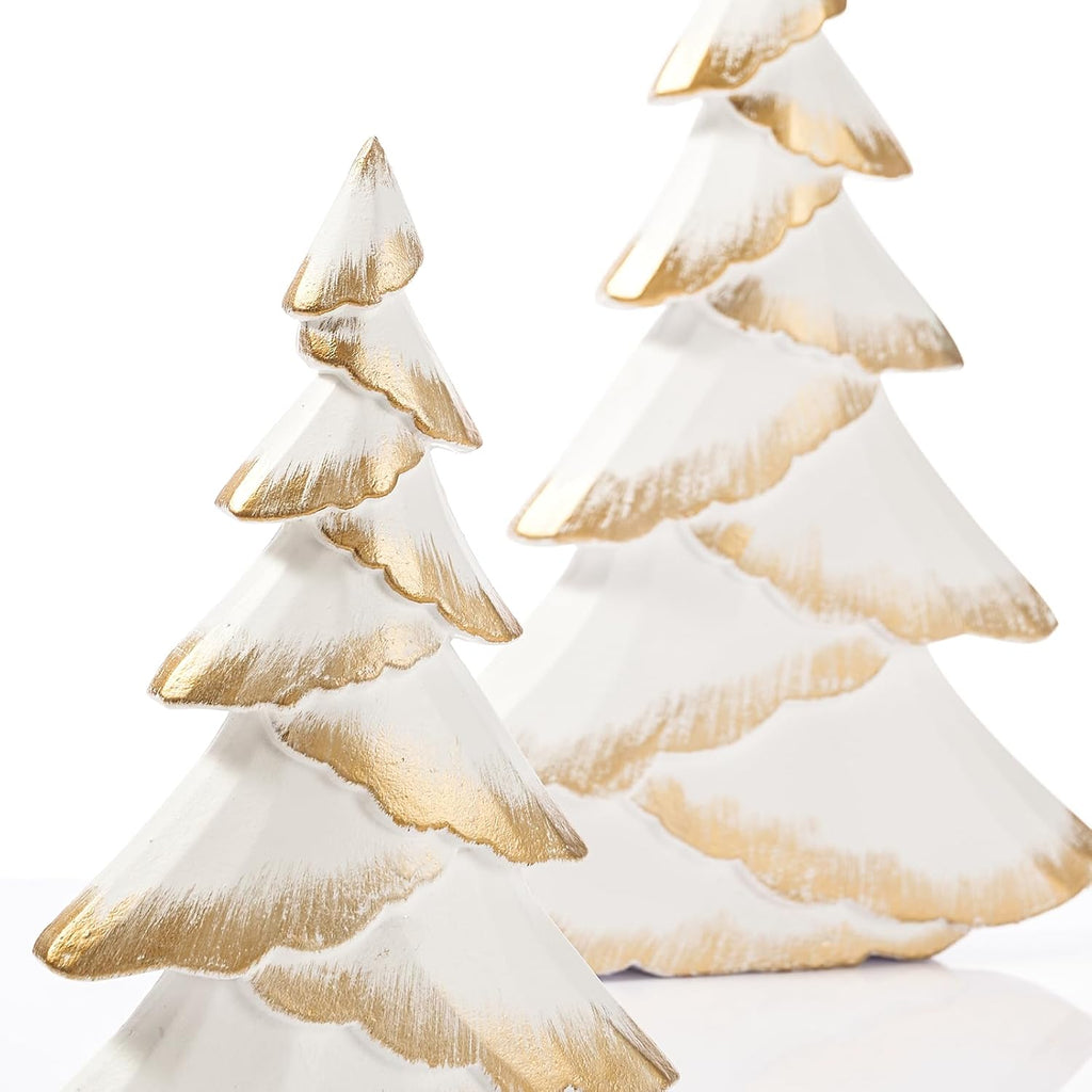 Christmas Tree Figurines Wood, 2PCS White & Gold Tabletop Trees