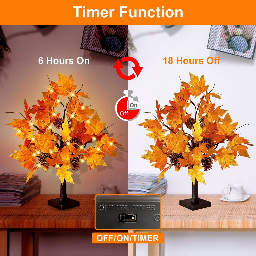 2 Pcs 24 Inch Artificial Fall Tree Lighted Maple Tree Battery USB Operated w/Timer, 24 LED Thanksgiving Decorations